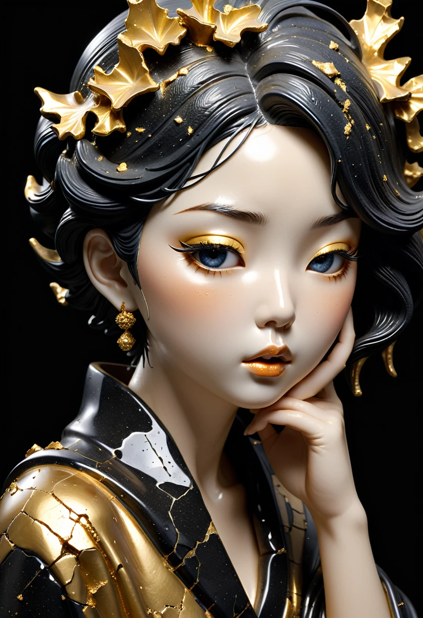 tsundere,(Bumpy cheeks,Pursed lips),Perfect eyes,((exhibit,Still Life Table,Artistic statues,3D Sculpture,ceramics,Surface cracks,Shattered Texture)), Show the beauty of nature.Kaneko,Gold Dust,portrait, This artwork is presented on a black background,Emphasize its artistic quality.