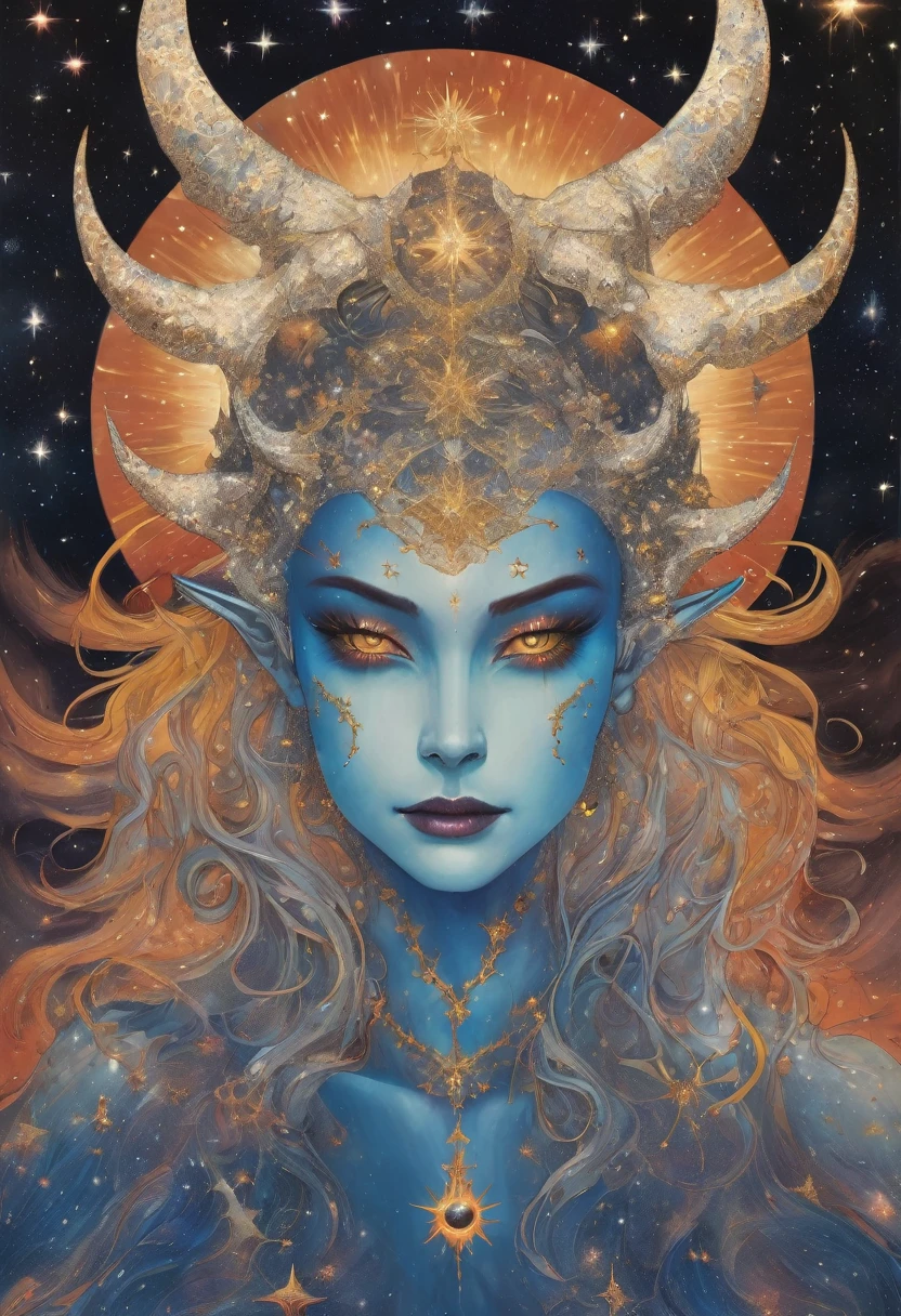 A being with celestial features with stars and the appearance of a female demon