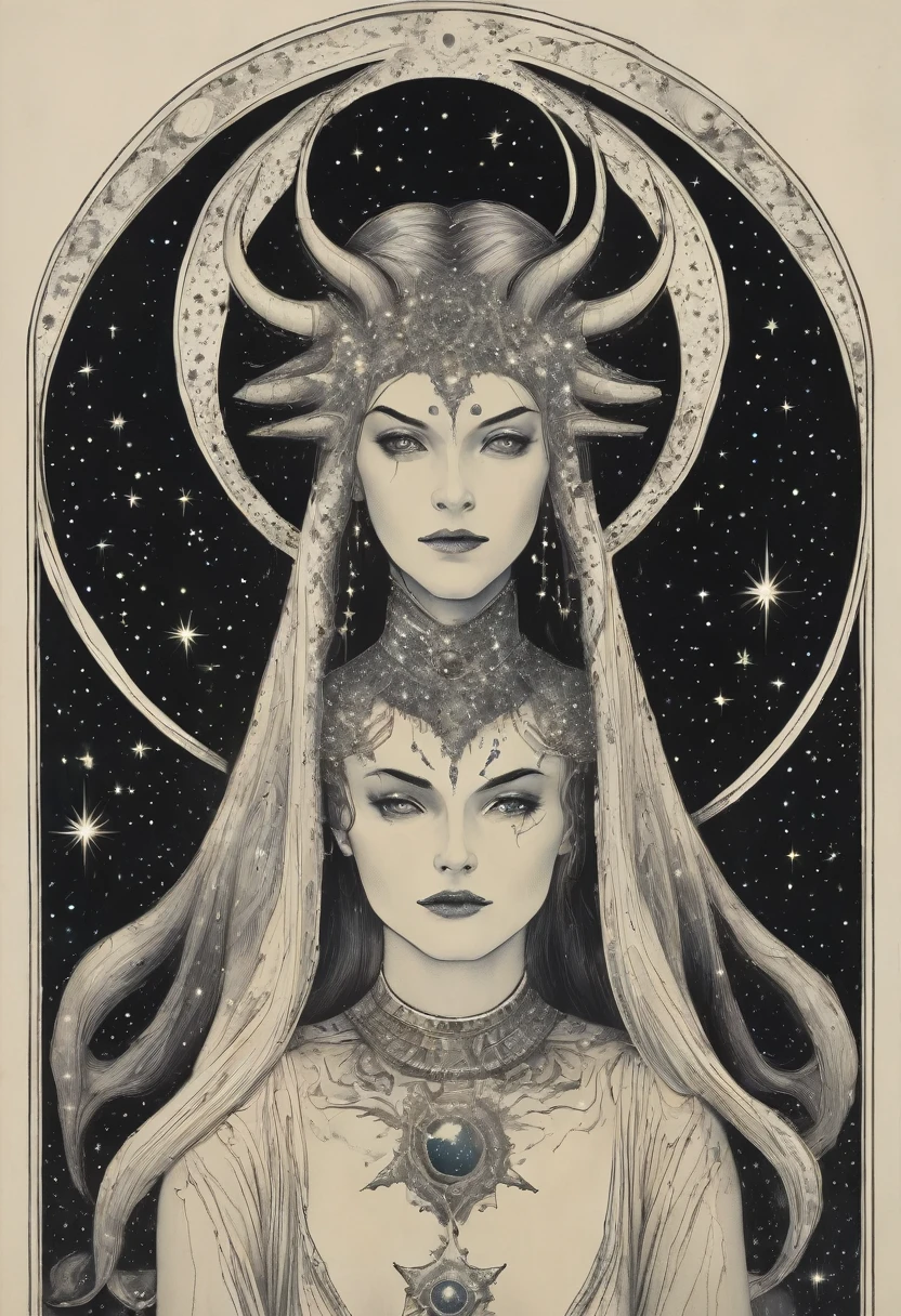 A being with celestial features with stars and the appearance of a female demon