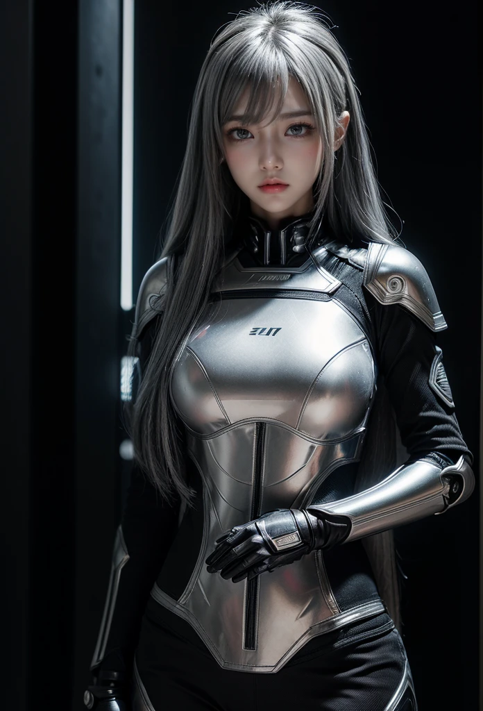 cyber angel,machine wing,{{Sci-Fi Armor}},cyber suit,cyberpunk,science fiction,cyber battle armor,Battledress,Military Uniforms,pants,black military uniform,whole body,Height: 168cm,almond shape eyes,{{{{{silver eyes}}}}},{{{{{dull bangs}}}}},(slanted eyes},{{whole body},{{{1 girl}}}, long hair, straight hair,{{{{silver hair}}}},{{{tsurime}}},30 years old,{Medium chest},{{bush}},silver eyes,{{{masterpiece}}}, {{{highest quality}}}, {{Super detailed}}, {shape}, {{very delicate and beautiful}},very detailed,detailed perfect,detailed hyper,Abundant thighs,big ,black clothes