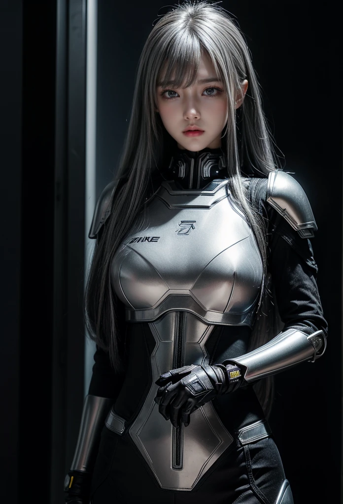 cyber angel,machine wing,{{Sci-Fi Armor}},cyber suit,cyberpunk,science fiction,cyber battle armor,Battledress,Military Uniforms,pants,black military uniform,whole body,Height: 168cm,almond shape eyes,{{{{{silver eyes}}}}},{{{{{dull bangs}}}}},(slanted eyes},{{whole body},{{{1 girl}}}, long hair, straight hair,{{{{silver hair}}}},{{{tsurime}}},30 years old,{Medium chest},{{bush}},silver eyes,{{{masterpiece}}}, {{{highest quality}}}, {{Super detailed}}, {shape}, {{very delicate and beautiful}},very detailed,detailed perfect,detailed hyper,Abundant thighs,big ass,black clothes