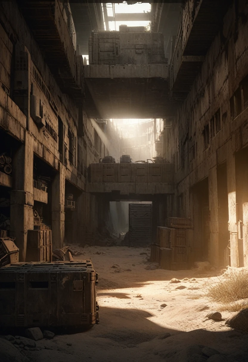 a vast desert landscape, hidden military bunker, concrete architecture, heavy metal door, rusted metal textures, sunlight streaming through ventilation shafts, stacks of crates and supplies, tactical equipment, eerie atmosphere, abandoned and forgotten, highly detailed, cinematic lighting, dramatic shadows, photorealistic, muted color palette, warm desert tones