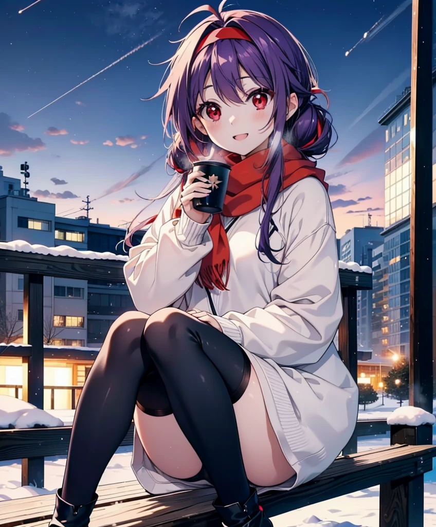 yuukikonno, Konno Yuuki, Long Hair, Pointed Ears, Purple Hair, (Red eyes:1.5), (Small breasts:1.2), Open your mouth,happy smile, smile, Open your mouth,hair band,low twin tail,Red Scarf,Oversized purple hoodie,Long skirt,Black pantyhose,short boots,Holding a paper cup of coffee in both hands,Sitting on a bench,snowが降っている,snowが降り積もっている,snow,snow,snow,snow,snowが積もった木,winter,Cold Sky,night,whole bodyがイラストに入るように,
break looking at viewer,  whole body,
break outdoors, garden,
break (masterpiece:1.2), Highest quality, High resolution, unity 8k wallpaper, (figure:0.8), (Beautiful attention to detail:1.6), Highly detailed face, Perfect lighting, Highly detailed CG, (Perfect hands, Perfect Anatomy),