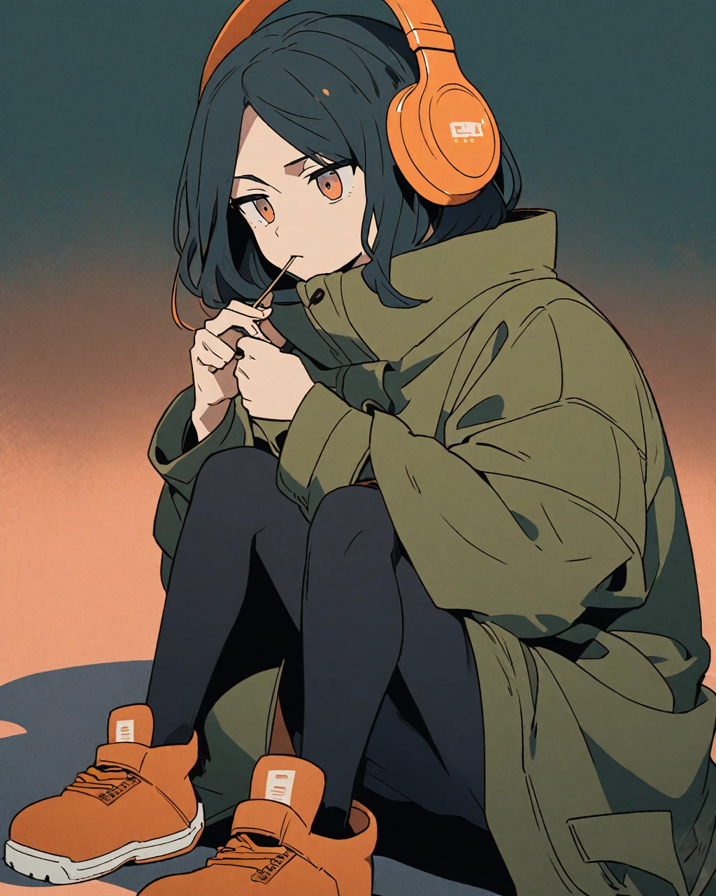 An anime-style illustration of a young man with chin-length, dark teal hair wearing oversized, orange headphones. He is sitting in a crouched position, clad in a baggy olive green coat, dark leggings, and thick-soled shoes. He has a serene expression and is holding a toothpick in his mouth. The background is a flat, warm peach color