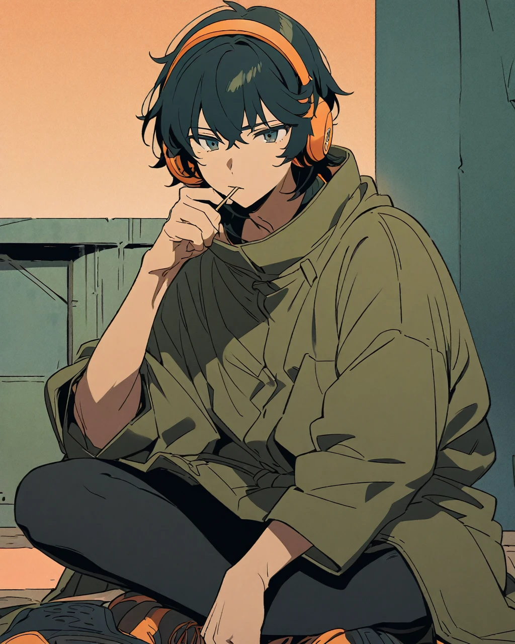 An anime-style illustration of a young man with chin-length, dark teal hair wearing oversized, orange headphones. He is sitting in a crouched position, clad in a baggy olive green coat, dark leggings, and thick-soled shoes. He has a serene expression and is holding a toothpick in his mouth. The background is a flat, warm peach color