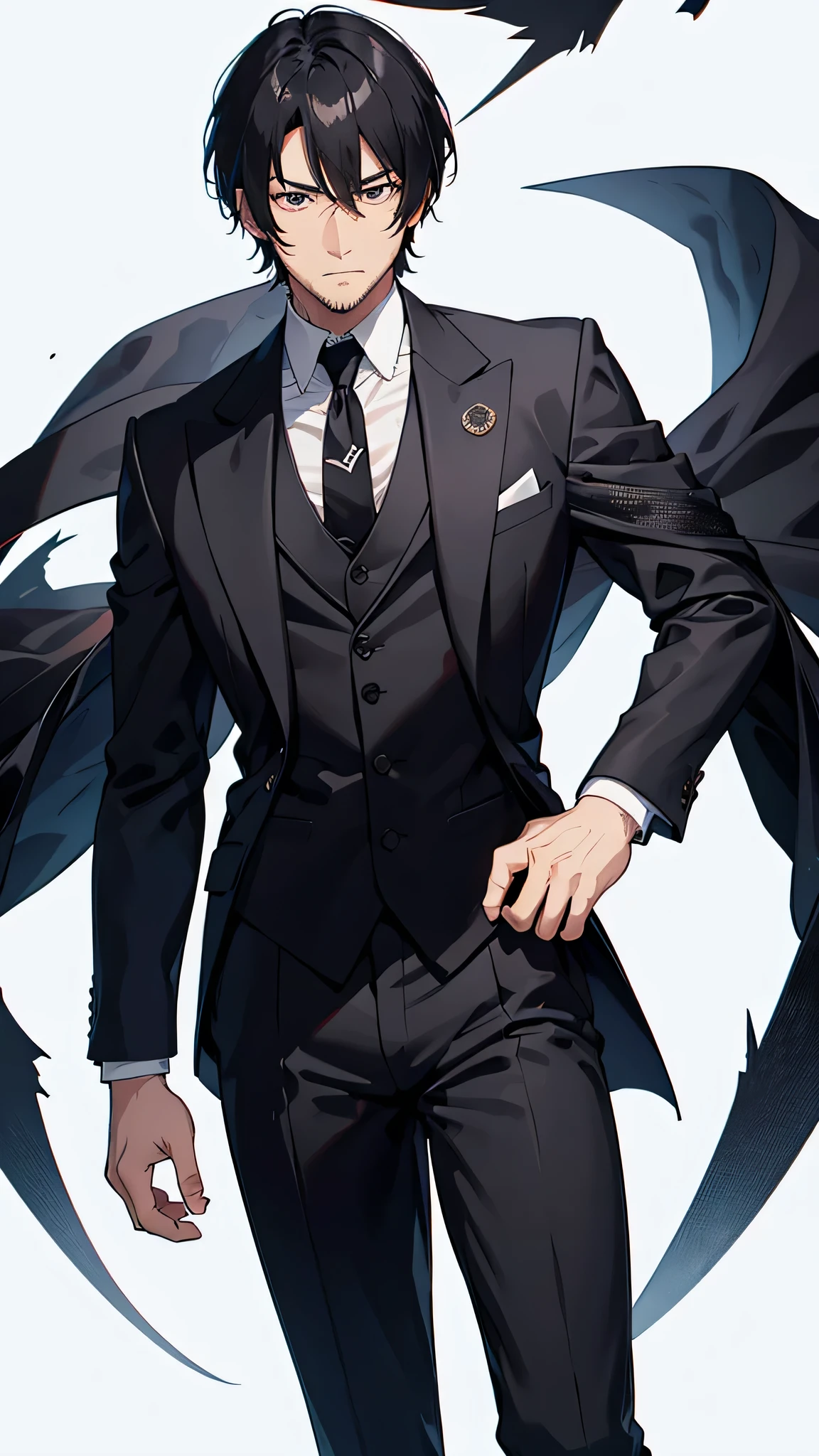 male、32 years old、less beard、Tired face、Glaring eyes、Long bangs、7:3 parting、Shot from the thigh up、Are standing、looking at the camera、Black suit、Businessman、Plain white background、Single