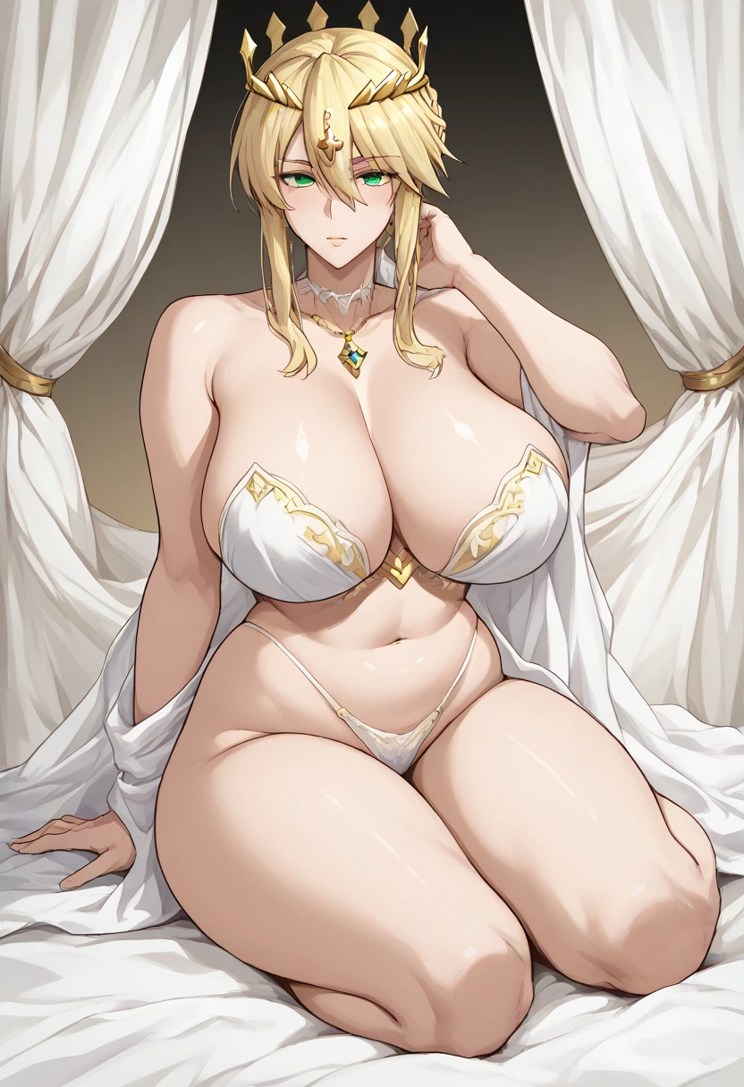 Score_9,score_8_up,score_7_up,1girl,solo, Artoria Lancer, woman, elegant body, blonde hair, green eyes, curvaceous, naked,n,,big_breasts,loo_viewer,,thick thighs,slab sitting,