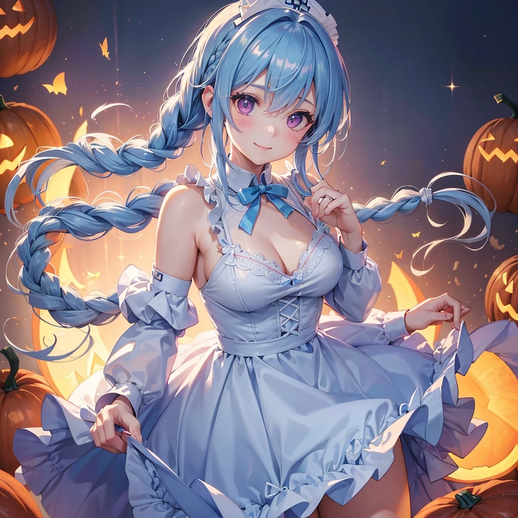 (Light blue medium hair),(Braided hair tied together)、Pink eyes、Fair skin、(whole body)、Halloween、Pumpkin ghost、Trick or Treat、Lollipop、Cosplay、nurse、A big smile、A dignified figure、solo、(masterpiece、Highest quality、Very detailed、Best Shadow)、(Detailed Background)、(Beautifully detailed face)、High contrast、(Best lighting、Very delicate and beautiful)、((Cinematic Light))、colorful、Hyper Detail、Dramatic Light、Exquisite detail、