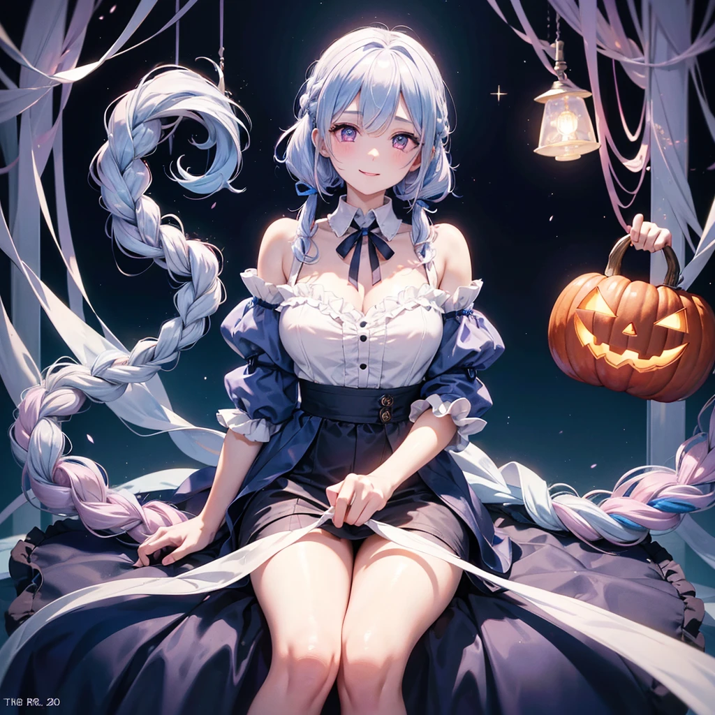 (Light blue medium hair),(Braided hair tied together)、Pink eyes、Fair skin、(whole body)、Halloween、Pumpkin ghost、Trick or Treat、Lollipop、Cosplay、nurse、A big smile、A dignified figure、solo、(masterpiece、Highest quality、Very detailed、Best Shadow)、(Detailed Background)、(Beautifully detailed face)、High contrast、(Best lighting、Very delicate and beautiful)、((Cinematic Light))、colorful、Hyper Detail、Dramatic Light、Exquisite detail、