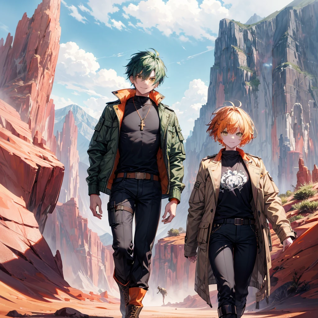 Muscular girl, defined body, Gold rings on every finger, Light blue gangster jacket, Black shirt under the jacket, Green long army pants, Brown military boots, Wicked Smile, Orange spiky hair, Messy Hair, short hair, Yellow Eyes, Big Mountain々Desert landscape with clouds, Scenery with monsters around.