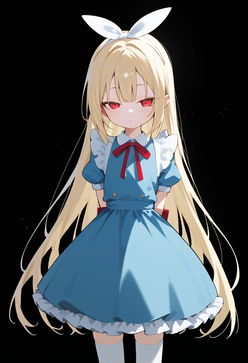 looking at viewer,half-closed eyes,(best quality:1.2),(very aesthetic:1.2),(detailed:1.2),(masterpiece:1.2),(highres),(black background),solo,1girl,(mesugaki:1.3),(female ,,),(very long hair:1.3),(red eyes),(standing,arms behind back:1.3),hair between eyes,slender,blonde hair,pale skin,alicecos, thighhighs,legwear,hair ribbon, blue dress,short sleeves, frills apron, puffy short sleeves