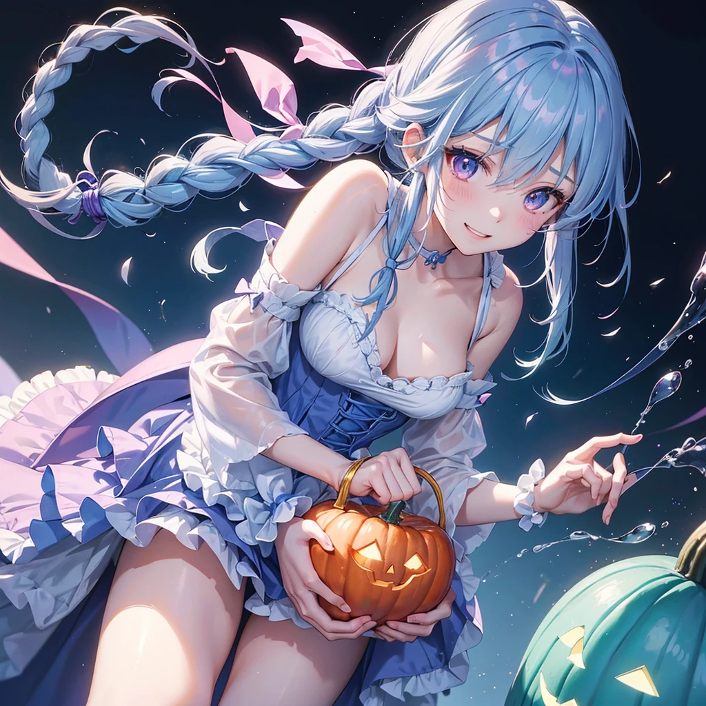 (Light blue medium hair),(Braided hair tied together)、Pink eyes、Fair skin、(whole body)、Halloween、Pumpkin ghost、Trick or Treat、Lollipop、Cosplay、Bunny girl、A big smile、A dignified figure、solo、(masterpiece、Highest quality、Very detailed、Best Shadow)、(Detailed Background)、(Beautifully detailed face)、High contrast、(Best lighting、Very delicate and beautiful)、((Cinematic Light))、colorful、Hyper Detail、Dramatic Light、Exquisite detail、