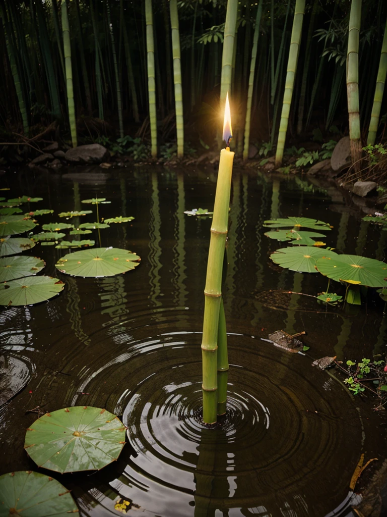 green bamboo, forest, water flow, candle, lotus