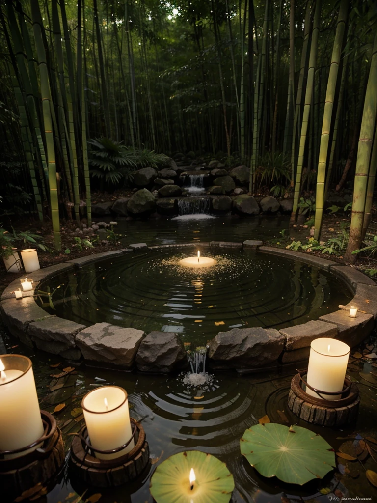 green bamboo, forest, water flow, candle, lotus