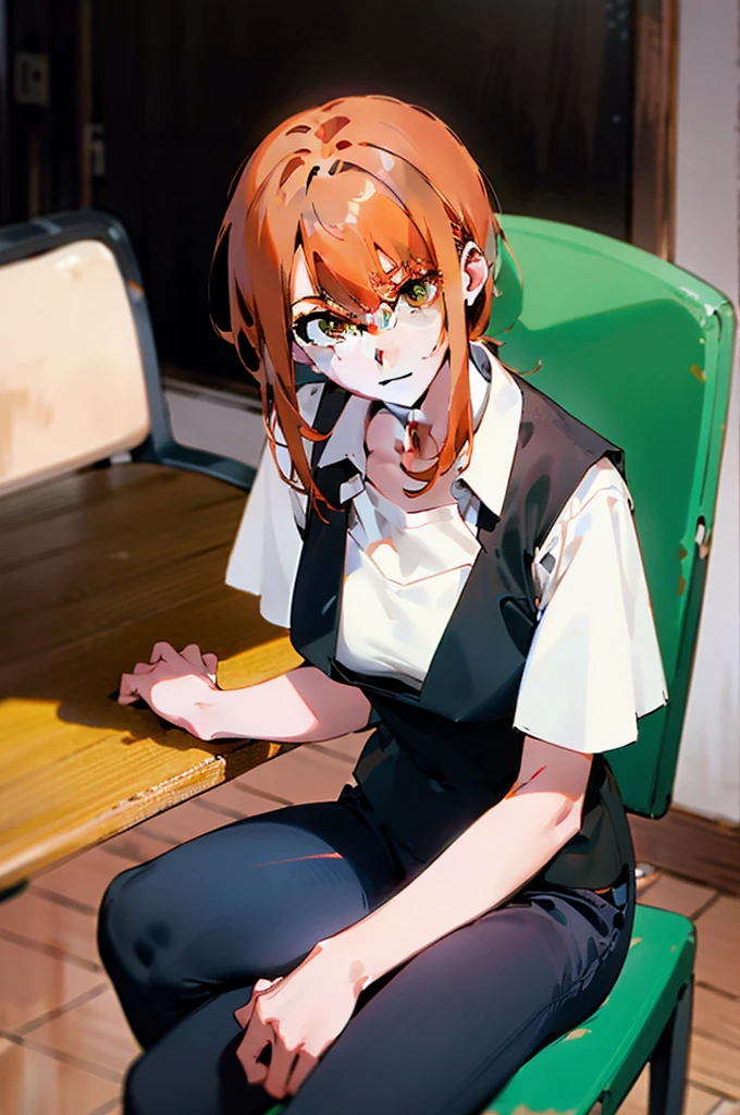 makima in chainsaw man, orange hair, sitting on a chair, wearing a white shirt and a black vest, the hem of her bra shows underneath her shirt, 8k, looking a viewer, very detailed, masterpiece, absurdres