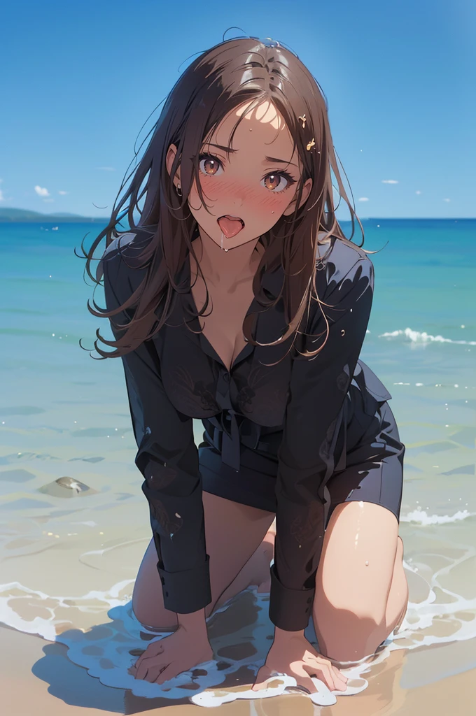 (masterpiece), (best quality), (ultra-detailed), (best illustration), (best shadow), (absurdres), Female, 25 years old, steam,  nsfw,  shy, medium breasts, nsfw, serious, panties, sea, light smile, wet, wet hair, 