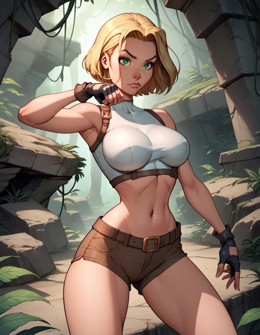 score_9, score_8_up, score_7_up,score_6_up, score_5_up, score_4_up, detailed soft lighting, 1girl, solo, large breasts, AchaseDG, hort hair, blonde hair, green eyes, plain white shirt, black gloves, crop top, (tiny brown shorts:1.4), belt, fingerless gloves, (tight clothes:1.3), exploring jungle ruins, action poses, closed mouth, (masterpiece, best quality, highly detailed, beautiful).