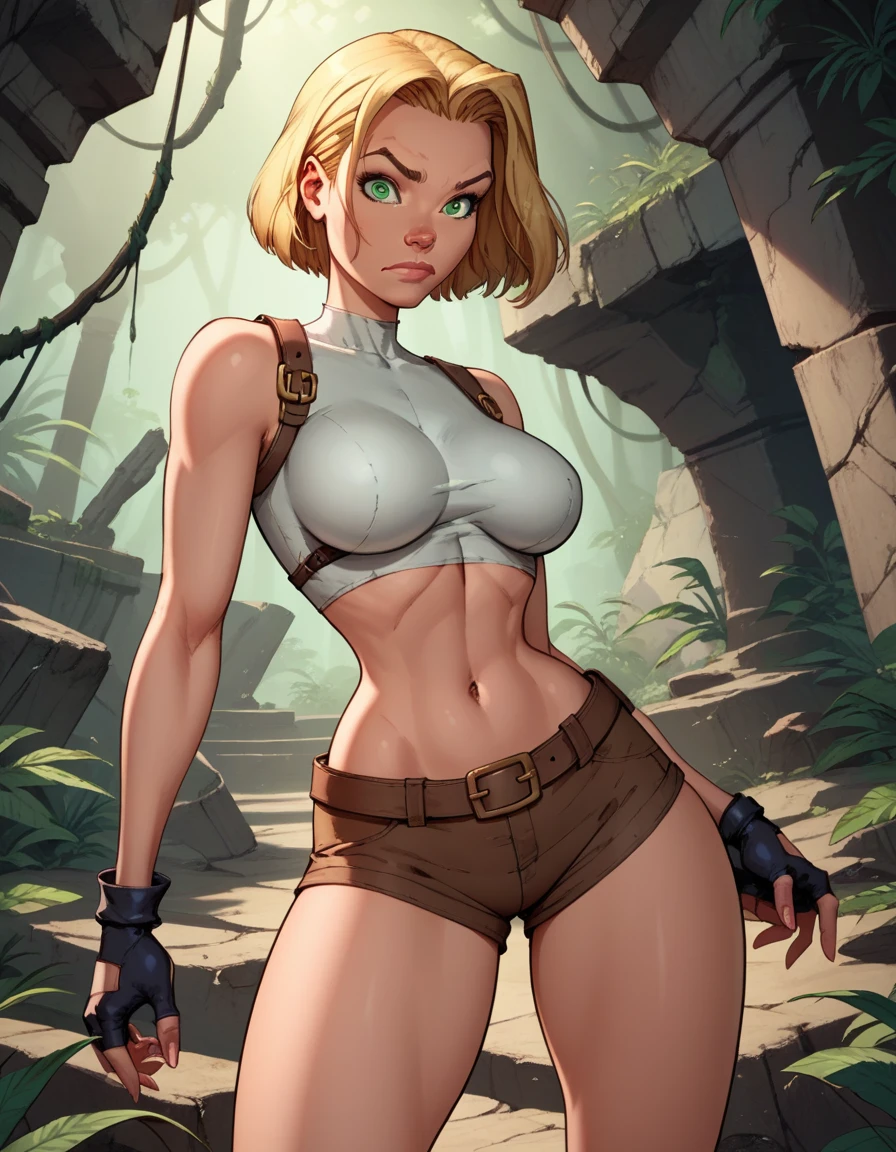 score_9, score_8_up, score_7_up,score_6_up, score_5_up, score_4_up, detailed soft lighting, 1girl, solo, large breasts, AchaseDG, hort hair, blonde hair, green eyes, plain white shirt, black gloves, crop top, (tiny brown shorts:1.4), belt, fingerless gloves, (tight clothes:1.3), exploring jungle ruins, action poses, closed mouth, (masterpiece, best quality, highly detailed, beautiful).