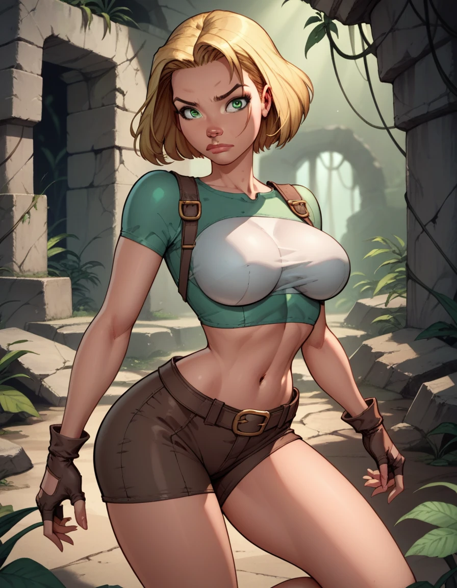 score_9, score_8_up, score_7_up,score_6_up, score_5_up, score_4_up, detailed soft lighting, 1girl, solo, large breasts, AchaseDG, hort hair, blonde hair, green eyes, plain white shirt, black gloves, crop top, (tiny brown shorts:1.4), belt, fingerless gloves, (tight clothes:1.3), exploring jungle ruins, action poses, closed mouth, (masterpiece, best quality, highly detailed, beautiful).