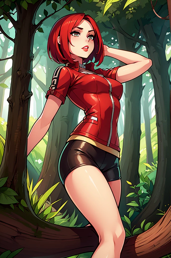 Amy from Zanzarah : The Hidden Portal, cute young girl with a brown bob, bright red lips, a brown short leather jacket with rolled up sleeves, a white T-shirt with a red stripe in the middle, green tight leggings, brown boots, forest in the background, magical forest