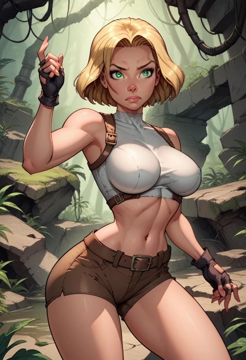 score_9, score_8_up, score_7_up,score_6_up, score_5_up, score_4_up, detailed soft lighting, 1girl, solo, large breasts, AchaseDG, hort hair, blonde hair, green eyes, plain white shirt, black gloves, crop top, (tiny brown shorts:1.4), belt, fingerless gloves, (tight clothes:1.3), exploring jungle ruins, action poses, closed mouth, (masterpiece, best quality, highly detailed, beautiful).