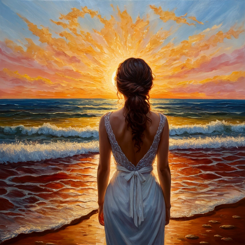 Oil painting Impressionism，sunraise, Woman from behind