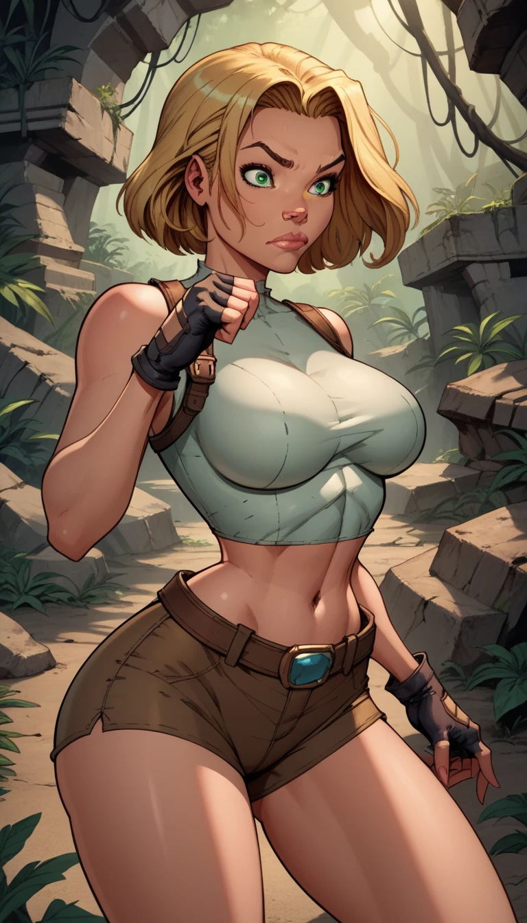 score_9, score_8_up, score_7_up,score_6_up, score_5_up, score_4_up, detailed soft lighting, 1girl, solo, large breasts, AchaseDG, hort hair, blonde hair, green eyes, plain white shirt, black gloves, crop top, (tiny brown shorts:1.4), belt, fingerless gloves, (tight clothes:1.3), exploring jungle ruins, action poses, closed mouth, (masterpiece, best quality, highly detailed, beautiful).