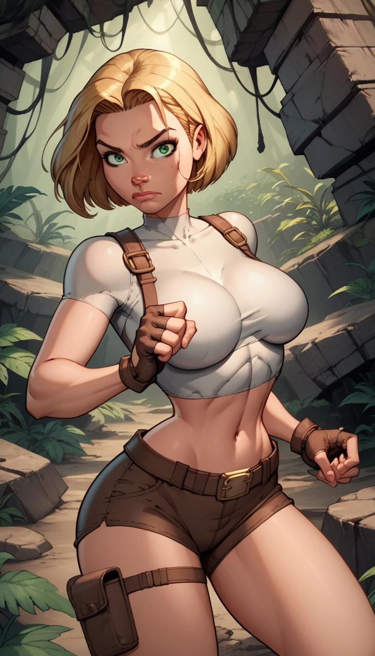 score_9, score_8_up, score_7_up,score_6_up, score_5_up, score_4_up, detailed soft lighting, 1girl, solo, large breasts, AchaseDG, hort hair, blonde hair, green eyes, plain white shirt, black gloves, crop top, (tiny brown shorts:1.4), belt, fingerless gloves, (tight clothes:1.3), exploring jungle ruins, action poses, closed mouth, (masterpiece, best quality, highly detailed, beautiful).