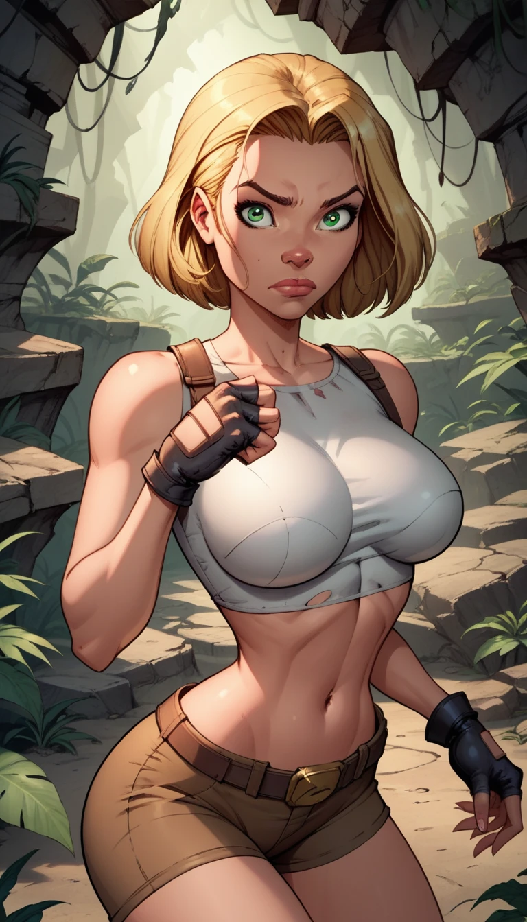 score_9, score_8_up, score_7_up,score_6_up, score_5_up, score_4_up, detailed soft lighting, 1girl, solo, large breasts, AchaseDG, hort hair, blonde hair, green eyes, plain white shirt, black gloves, crop top, (tiny brown shorts:1.4), belt, fingerless gloves, (tight clothes:1.3), exploring jungle ruins, action poses, closed mouth, (masterpiece, best quality, highly detailed, beautiful).