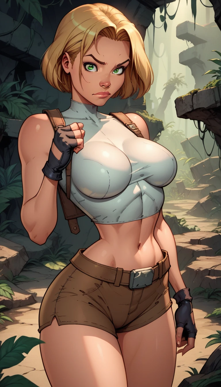 score_9, score_8_up, score_7_up,score_6_up, score_5_up, score_4_up, detailed soft lighting, 1girl, solo, large breasts, AchaseDG, hort hair, blonde hair, green eyes, plain white shirt, black gloves, crop top, (tiny brown shorts:1.4), belt, fingerless gloves, (tight clothes:1.3), exploring jungle ruins, action poses, closed mouth, (masterpiece, best quality, highly detailed, beautiful).