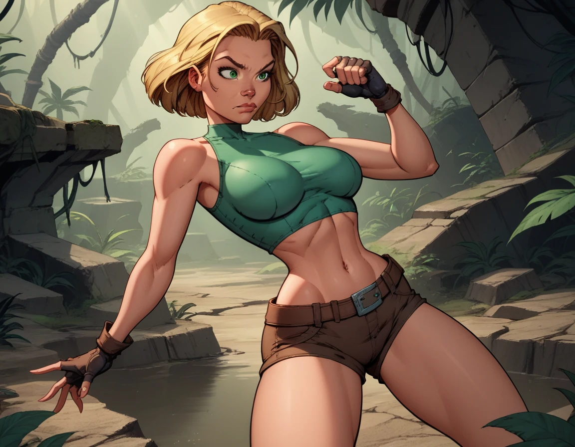 score_9, score_8_up, score_7_up,score_6_up, score_5_up, score_4_up, detailed soft lighting, 1girl, solo, large breasts, AchaseDG, hort hair, blonde hair, green eyes, plain white shirt, black gloves, crop top, (tiny brown shorts:1.4), belt, fingerless gloves, (tight clothes:1.3), exploring jungle ruins, action poses, closed mouth, (masterpiece, best quality, highly detailed, beautiful).