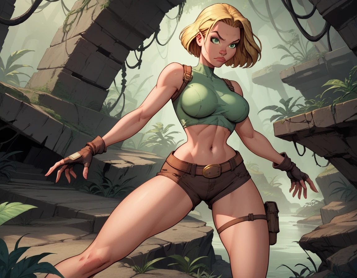 score_9, score_8_up, score_7_up,score_6_up, score_5_up, score_4_up, detailed soft lighting, 1girl, solo, large breasts, AchaseDG, hort hair, blonde hair, green eyes, plain white shirt, black gloves, crop top, (tiny brown shorts:1.4), belt, fingerless gloves, (tight clothes:1.3), exploring jungle ruins, action poses, closed mouth, (masterpiece, best quality, highly detailed, beautiful).