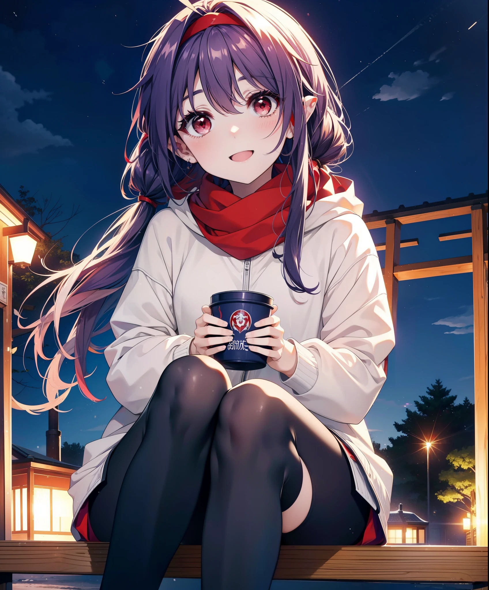 yuukikonno, Konno Yuuki, Long Hair, Pointed Ears, Purple Hair, (Red eyes:1.5), (Small breasts:1.2), Open your mouth,happy smile, smile, Open your mouth,hair band,low twin tail,Red Scarf,Oversized purple hoodie,Long skirt,Black pantyhose,short boots,Holding a paper cup of coffee in both hands,Sitting on a bench,snowが降っている,snowが降り積もっている,snow,snow,snow,snow,snowが積もった木,winter,Cold Sky,night,whole bodyがイラストに入るように,
break looking at viewer, whole body,
break outdoors, garden,
break (masterpiece:1.2), Highest quality, High resolution, unity 8k wallpaper, (figure:0.8), (Beautiful attention to detail:1.6), Highly detailed face, Perfect lighting, Highly detailed CG, (Perfect hands, Perfect Anatomy),
