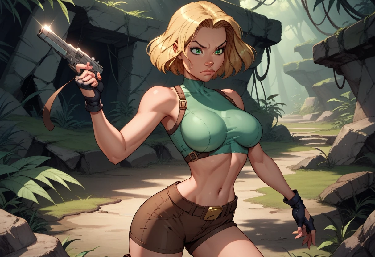 score_9, score_8_up, score_7_up,score_6_up, score_5_up, score_4_up, detailed soft lighting, 1girl, solo, large breasts, AchaseDG, hort hair, blonde hair, green eyes, plain white shirt, black gloves, crop top, (tiny brown shorts:1.4), belt, fingerless gloves, (tight clothes:1.3), exploring jungle ruins, action poses, closed mouth, (masterpiece, best quality, highly detailed, beautiful).