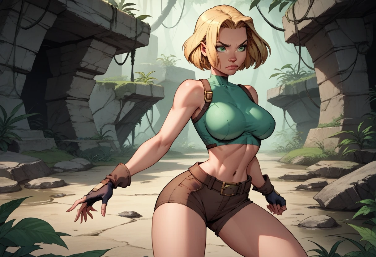 score_9, score_8_up, score_7_up,score_6_up, score_5_up, score_4_up, detailed soft lighting, 1girl, solo, large breasts, AchaseDG, hort hair, blonde hair, green eyes, plain white shirt, black gloves, crop top, (tiny brown shorts:1.4), belt, fingerless gloves, (tight clothes:1.3), exploring jungle ruins, action poses, closed mouth, (masterpiece, best quality, highly detailed, beautiful).