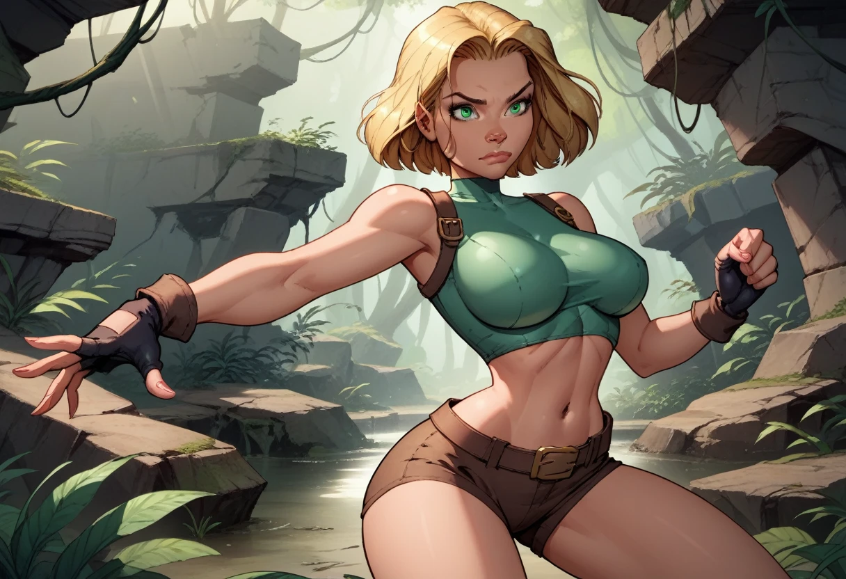 score_9, score_8_up, score_7_up,score_6_up, score_5_up, score_4_up, detailed soft lighting, 1girl, solo, large breasts, AchaseDG, hort hair, blonde hair, green eyes, plain white shirt, black gloves, crop top, (tiny brown shorts:1.4), belt, fingerless gloves, (tight clothes:1.3), exploring jungle ruins, action poses, closed mouth, (masterpiece, best quality, highly detailed, beautiful).