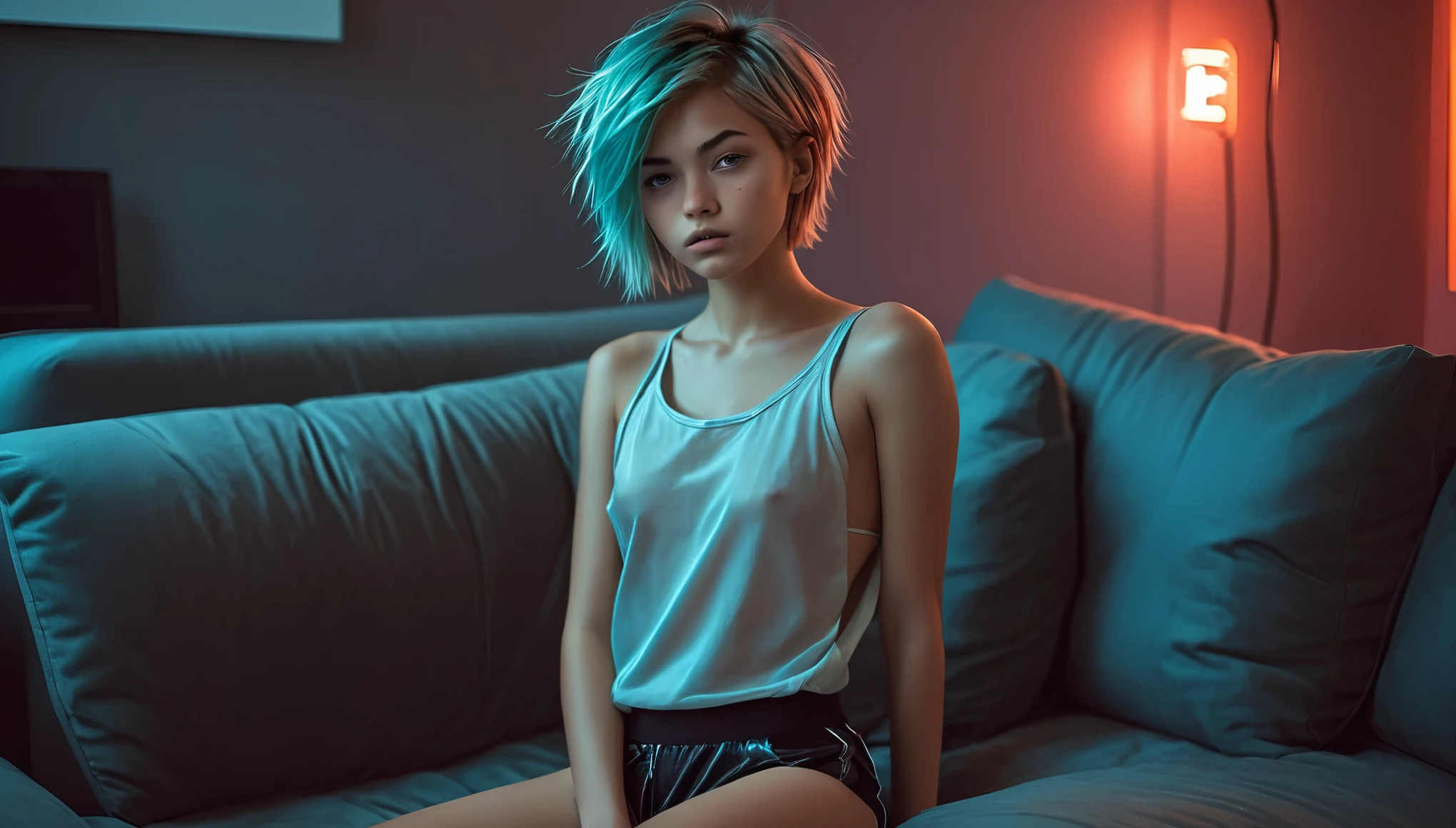 Top Quality, Masterpiece, High Resolution, 8k, ((ager, 16 Y((tomboy girl in short shiny oversized huddie with plunging neckline under the armpits und satin shorts, side boob, wide neckline, deep neckline, thin collar)), (bare belly, small perky breasts, detailed face, detailed eyes, detailed thin eyebrow, detailed lips, small hips, no makeup, beauty spot, some tattoos), ((tomboy, Tomboy Style, tomboyish)), (short messy hair, red), (((in a cyberpunk apartment, on the couch, playing a video game, moody atmosphere, very dimm light, dramatic and neon colors, futuristic setting, intricate details, at night, random pose, neon colors))), full body view, cyberpunk atmosphere