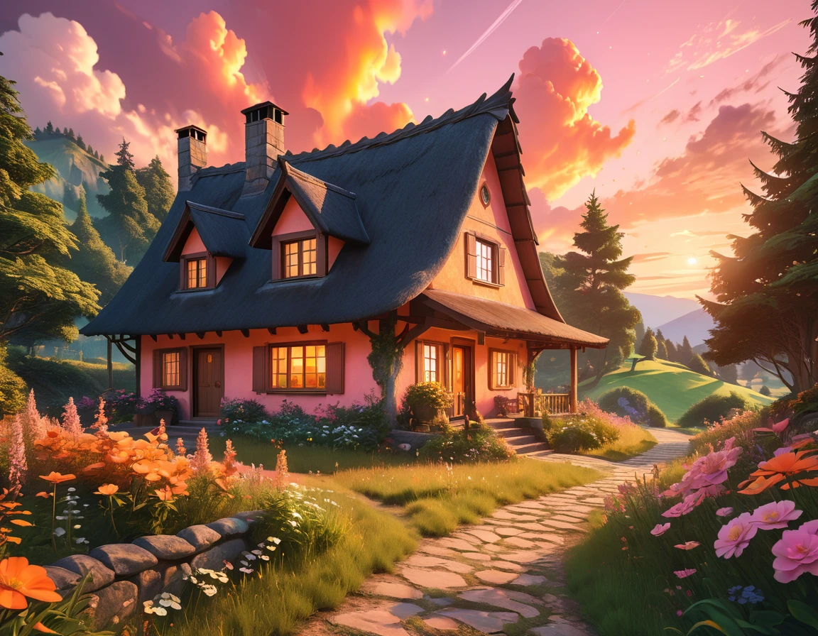Hyperrealistic digital image of a charming flowery cottage nestled in the woods,pathway,meadows,and far hills,burning clouds in a gradient orange pink sky,niji anime style,hyper-maximalism,raw photography,ultra-detailed photorealistic textures,artistic bokeh,beautiful lighting,hyper-detailed,sharp focus,unreal engine,WLOP,HDR,8k,vray