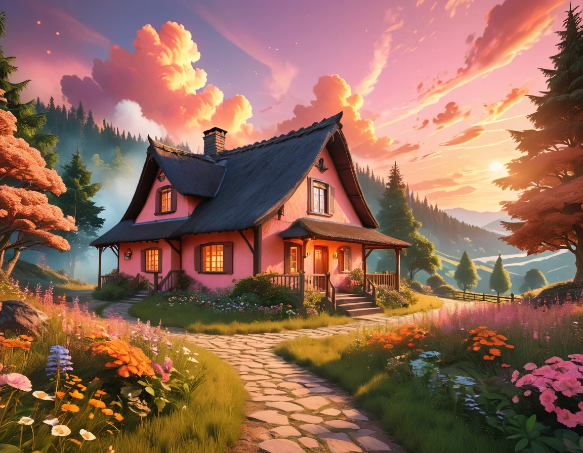 Hyperrealistic digital image of a charming flowery cottage nestled in the woods,pathway,meadows,and far hills,burning clouds in a gradient orange pink sky,niji anime style,hyper-maximalism,raw photography,ultra-detailed photorealistic textures,artistic bokeh,beautiful lighting,hyper-detailed,sharp focus,unreal engine,WLOP,HDR,8k,vray