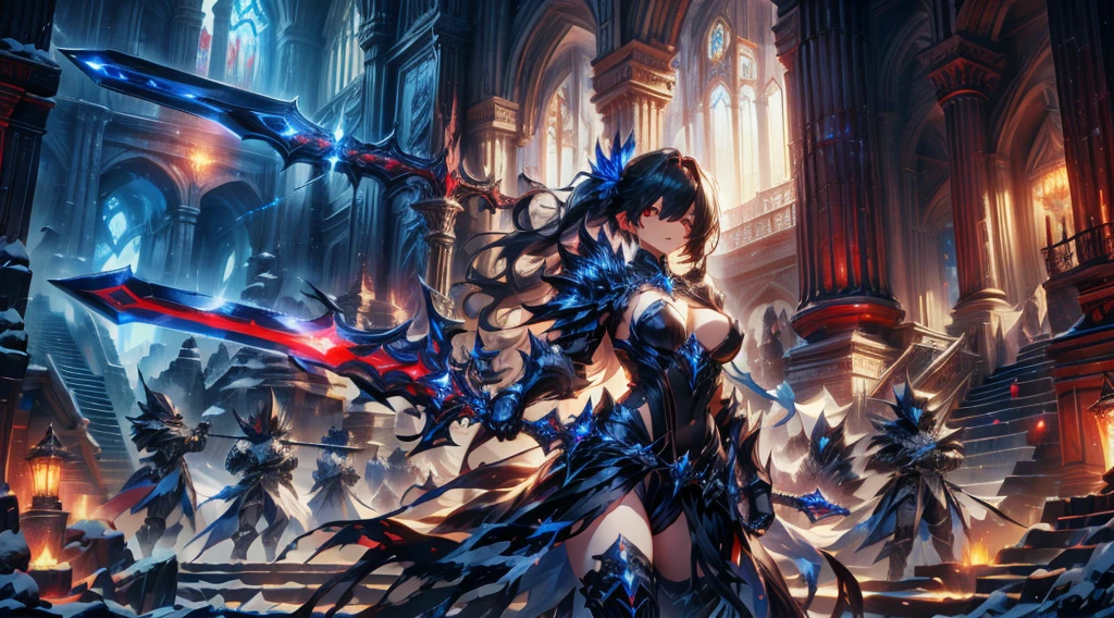 masterpiece, best quality, high quality, detailed, ultra detailed, hyper detailed, insanely detailed, exquisite, beautiful, FHD, Full-HD, 4K, 8K, 16K, highres, absurdres,Overall reddish black, ((One sexy lady)),mystic knight, serious look, sword fighting, covering one eye, black hair, red eyes, armor, long boots, with a sword, fantasy,hailoknight, holding sword, holding weapon,cowboy shot