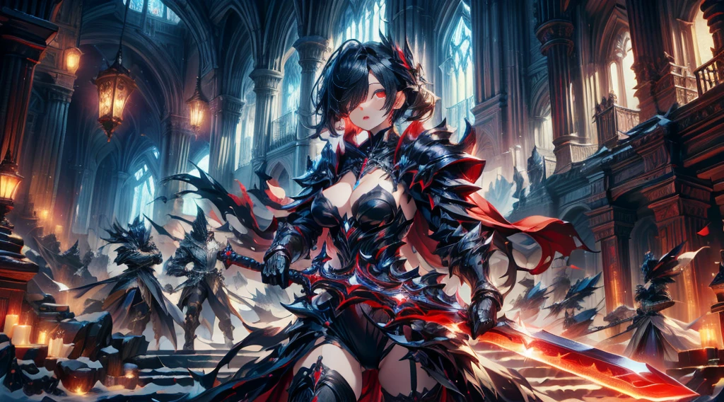 masterpiece, best quality, high quality, detailed, ultra detailed, hyper detailed, insanely detailed, exquisite, beautiful, FHD, Full-HD, 4K, 8K, 16K, highres, absurdres,Overall reddish black, ((One sexy lady)),mystic knight, serious look, sword fighting, covering one eye, black hair, red eyes, armor, long boots, with a sword, fantasy,hailoknight, holding sword, holding weapon,cowboy shot