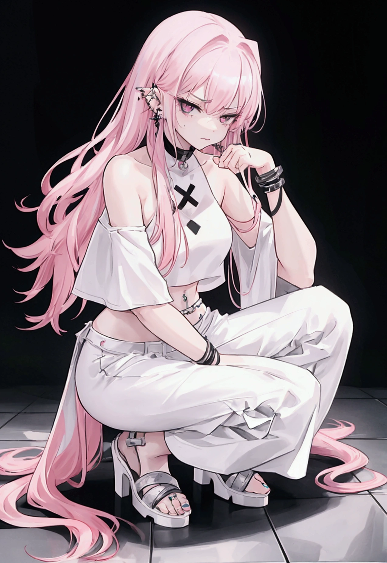 a girl with long pink hair with black eyes and white skin. Wear a white crop top, long, wide-leg pants, and loose shoes. She squatted, her knees together, one hand resting on her chin, the other on her thigh, frowning slightly, wearing piercings in her ears and tongue. tile floor
