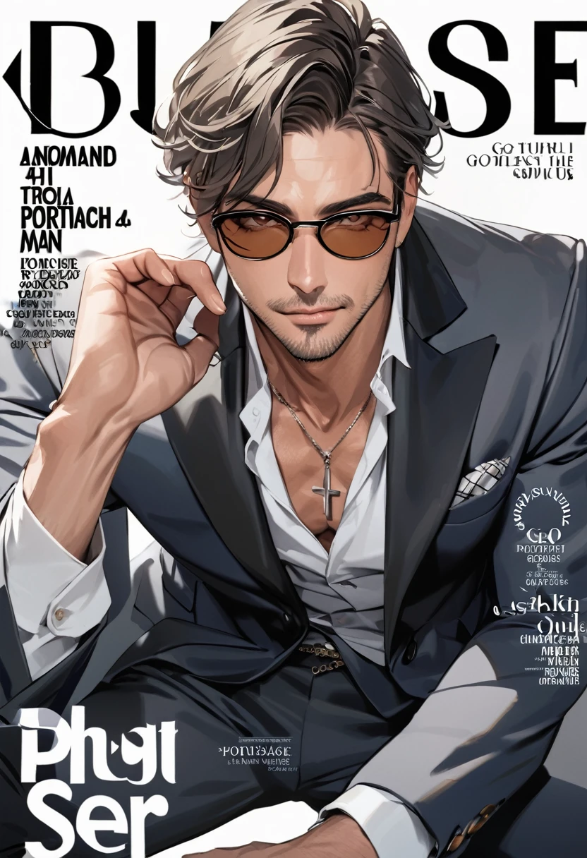 (masterpiece, best quality,ultra highres), (fashion magazine photo),only one middleage man,Portuguese producer,Handsome guy,40yo,sunglasses,ash hair,quirky suit,cross necklace,White background,pose on the viewer,