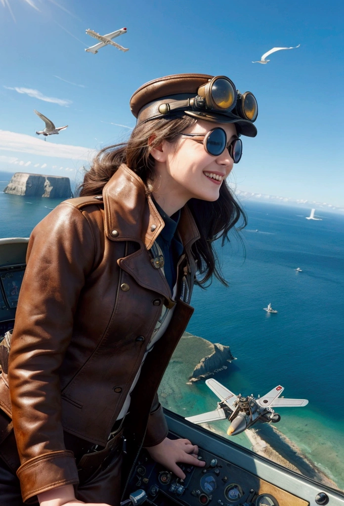 Cinematic 8K image of a young, beautiful steampunk female pilot in a tilted seaplane cockpit. Profile view of the pilot, her hair flowing in the wind, with a bright smile as she maneuvers the aircraft. Through the cockpit window, a stunning view of a vivid blue sky and sea is visible, with a dramatic coastline and cliffs in the distance. The seaplane is banked, giving a clear view of the ground below. Numerous seagulls fly alongside the aircraft, adding dynamism to the scene. The pilot wears an intricate steampunk outfit with brass goggles, leather jacket, and a vintage pilot's cap. Sunlight gleams off brass instruments in the detailed steampunk cockpit.
