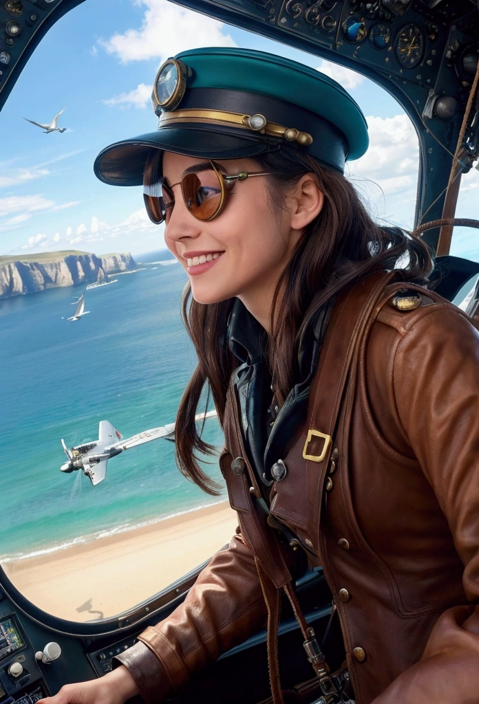 Cinematic 8K image of a young, beautiful steampunk female pilot in a tilted seaplane cockpit. Profile view of the pilot, her hair flowing in the wind, with a bright smile as she maneuvers the aircraft. Through the cockpit window, a stunning view of a vivid blue sky and sea is visible, with a dramatic coastline and cliffs in the distance. The seaplane is banked, giving a clear view of the ground below. Numerous seagulls fly alongside the aircraft, adding dynamism to the scene. The pilot wears an intricate steampunk outfit with brass goggles, leather jacket, and a vintage pilot's cap. Sunlight gleams off brass instruments in the detailed steampunk cockpit.