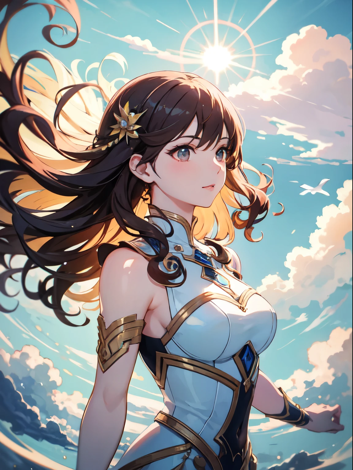 ((Highest quality)), ((masterpiece)), (detailed), Perfect Face, Perfect Arms, Perfect hands, Perfect Fingers, anime, Ultra-fine illustration, ((One beautiful woman)), (Arms at your sides:1.3), Glamorous figure, Curly Hair, ((goddess)), (Above the Clouds:1.3), (Floating:1.5), (Light effects:1.3), sun, blue sky, skyline, Upper Body Shot,