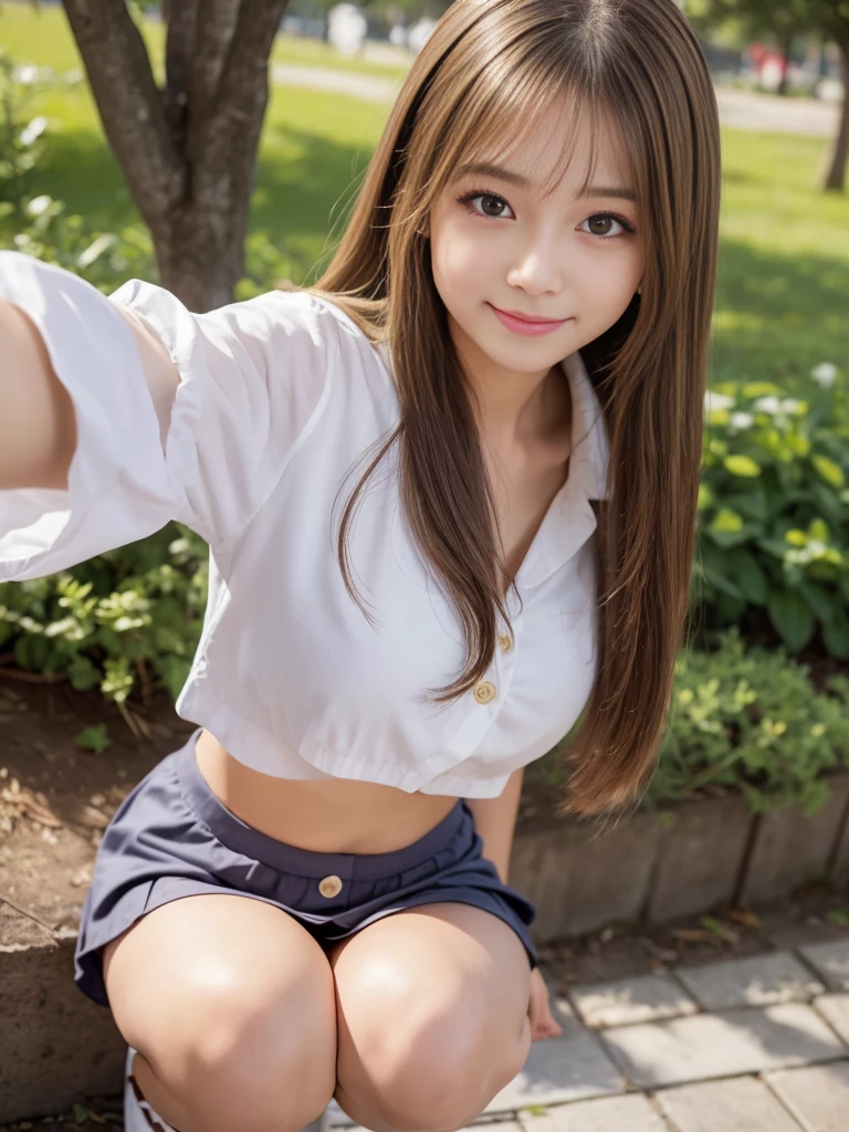 Highest quality, masterpiece, High resolution, original, One Girl, Light honey-colored straight hair with outward curls, The most beautiful 15 year old girl in the world, Young body shape, childish expression, Beautiful light brown eyes, Big double eyelid eyes, Glossy Lips, Round face, eyeliner, , Please tilt your head a little, shirt, button３out of place, Peeking into the chest, The chest is exposed, Small breasts, Small breasts, In an empty park, Cute light blue mini skirt, You can see her white panties, A glimpse of white panties, Squatting in pumps, Snow-white skin, Glowing Skin and Bright Cheeks, Small breasts, A shy smile, Beautiful thighs, Low Angle, Accentuate your thighs, Thighs become dew, 
