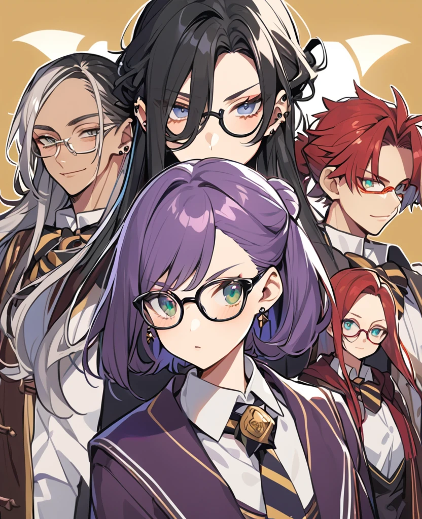 (Female,5'5,glasses ,pierced ears,light skin,grey eyes,purple long hair in a high ponytail ,hogwards uniform) and (Male,5'4,pierced ears,light skin,blue eyes, white long hair half up half down,hogwards uniform) and (Male,5'8,glasses,light skin,green eyes,messy black hair,hogwards uniform) and (Female,5'6,pierced ears,light skin,hazel eyes,red long hair in a messy bun ,hogwards uniform)