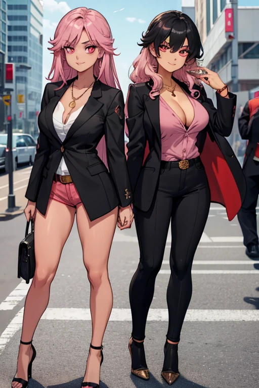 female, silver messy long hair, red eyes, tanned skin, (((1girl))), (((black blazer))), (pink shirt), (tan pants), (black heels), (necklace with gold pendant), cute and sexy, full body, big breasts, long legs, smiling, cleavage