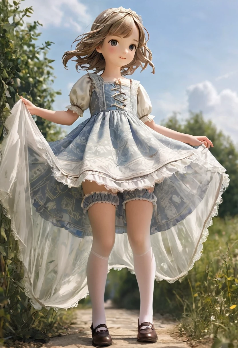 10 year old girl underwear, Realistic bloomers made from patterned cotton fabric, Medieval one-piece dress with panniers, Fabric Realism, Low - Angle, I see bloomers, Pull up the dress by hand, Strong winds, Translucent slip, Translucent slip, tights, Highest quality, Crotch close-up, whole body